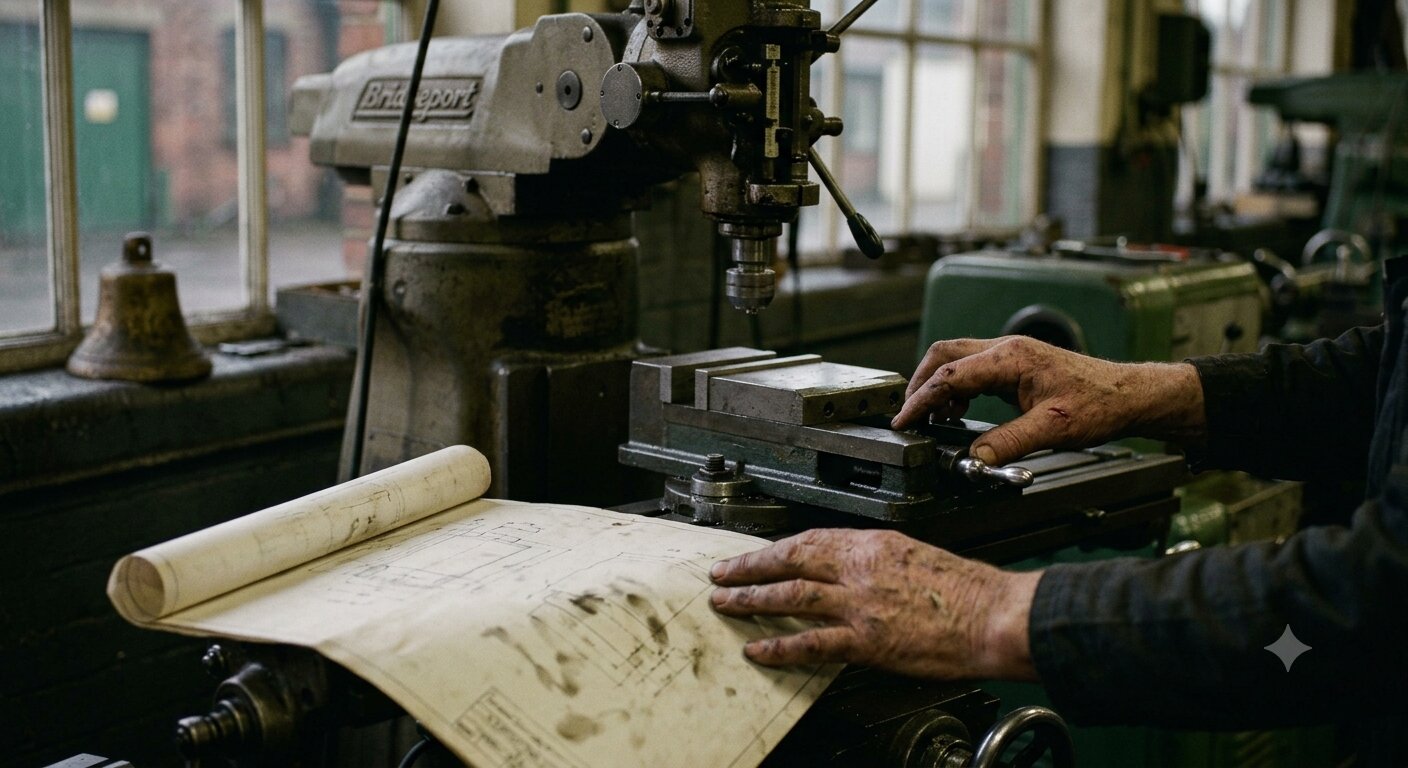 An owner’s hands on a technical drawing at a workbench